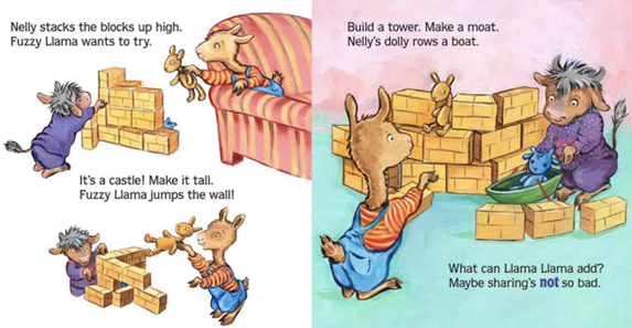 This image shows two pages from a children's book featuring llamas and block play. On the left page, a llama named Nelly stacks yellow blocks, creating a wall. Another llama, Fuzzy Llama, plays with a small stuffed toy near the blocks. The accompanying text describes their actions. The right page depicts Nelly and Fuzzy Llama continuing their block play, having built a larger structure resembling a castle or tower. A third character, a dark-haired llama wearing a purple sweater, joins them, playing with a small blue doll and a toy boat in a makeshift moat. The text prompts the reader to consider how sharing can enhance playtime.