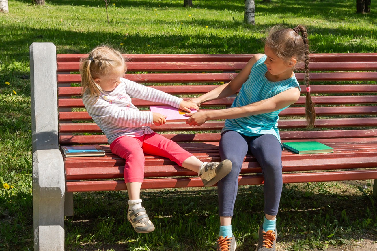 Two young girls sit on a red park bench, engaged in a playful tug-of-war over a light purple book. The younger girl on the left, wearing a striped shirt and coral pants, pulls the book towards herself. The older girl, with a long braid and wearing a teal and white striped sleeveless top and navy leggings, pulls the book in the opposite direction. Other books are visible on the bench beside them, and the background shows green grass and trees, suggesting a park setting.