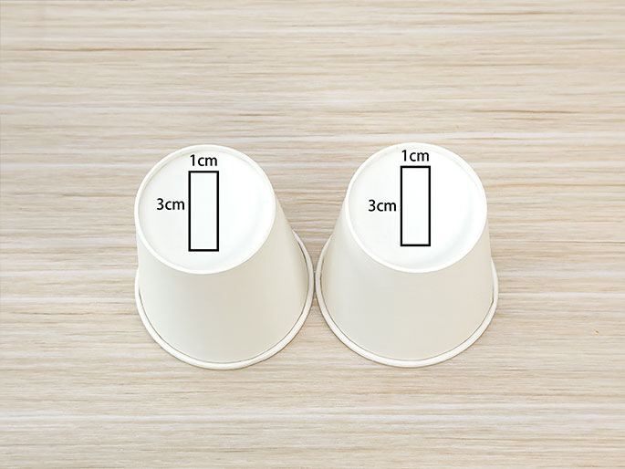 An overhead view shows two identical small white paper cups placed upside down on a light wood-grained surface. Inside each cup, a rectangular shape is drawn on the bottom. The rectangle's dimensions are labeled, indicating a width of 1cm and a length of 3cm. This image likely illustrates a step in a craft project or experiment where the marked rectangles serve as a guide for cutting or modifying the cups.