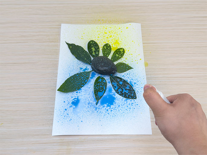 A hand sprays blue paint onto a piece of white paper where green leaves and a gray rock are arranged in a flower-like design. The paper, placed on a light wood-grain table, already has a splatter of yellow paint in the upper portion. The blue paint is being sprayed around the leaves and rock, creating a speckled effect and contrasting with the yellow. The leaves and rock act as a mask, and their shapes will remain white once they are removed.