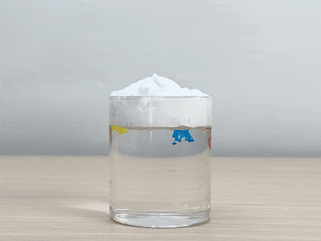 A clear glass sits on a light wood surface, partially filled with water. A mound of white powder, possibly baking soda, rests on the water's surface. Drops of yellow, blue, and red food coloring are added to the powder. As the coloring seeps through the powder, it creates colorful, cloud-like plumes that slowly descend and diffuse into the water below. The video showcases a visually appealing science experiment, potentially demonstrating density, diffusion, or a chemical reaction.