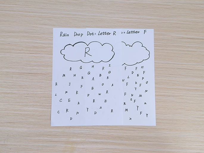 A piece of white paper on a light wood-grain background presents a letter-finding game titled Rain Drop Dot: Letter R => Letter F. Two simple cloud outlines are drawn at the top, with the letter R inside the left cloud and the right cloud left empty. Below each cloud is a grid of seemingly random letters. The left grid contains many R s scattered among other letters, while the right grid has several F s. The instructions imply a game where the player connects the R s in the left grid to form raindrops and then finds and circles the corresponding F s in the right grid. This image depicts a simple educational game for children practicing letter recognition.