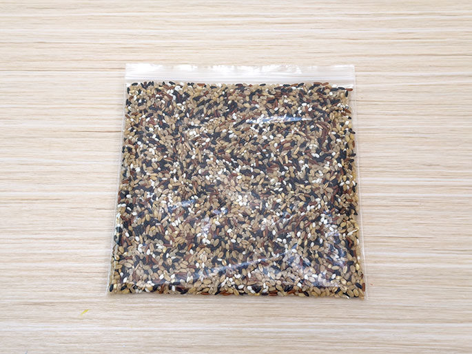 A sealed, clear plastic zip-top bag filled with a mix of different colored rice grains lies flat on a light wood-grain surface. The bag is full and the variety of rice colors creates a textured appearance. This image suggests the rice is ready for use in a sensory or craft activity.