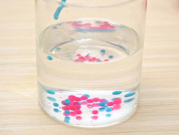 A clear glass beaker, partially filled with water, sits on a light woodgrain surface. Droplets of pink and teal food coloring have been added and are slowly diffusing into the water. The majority of the color is concentrated near the bottom of the beaker, with some smaller droplets suspended higher in the water column and a thin stream of teal entering from the top. The image captures a moment of a simple science experiment or demonstration, illustrating the principles of liquid density and diffusion.