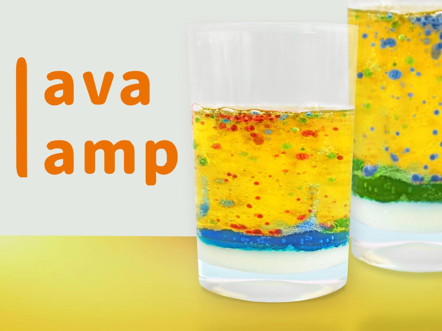 Two clear glasses showcase vibrant homemade lava lamps, their contents a captivating blend of colours. A layer of white sits at the base of each glass, topped by a layer of blue, then a dominant layer of yellow speckled with tiny red and green droplets. The effect is visually striking, resembling a miniature, colourful, bubbling lava flow. The word lava lamp is superimposed on the image in a bold, orange font. The background is a soft, pale yellow, complementing the bright colours of the lava lamps. The overall impression is one of a fun, successful science experiment.