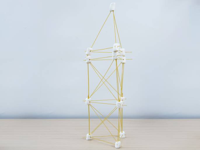 A tall, freestanding structure built from large white marshmallows and uncooked spaghetti stands on a light wood-grain table against a plain off-white background. The marshmallows serve as connectors, with spaghetti strands inserted into them, forming a tower or prism-like shape. The spaghetti pieces create a complex, interconnected framework. A single marshmallow perched at the very top appears slightly offset, suggesting a recent addition or a point of instability. This image likely depicts a finished STEM project or a model built as part of a learning activity.