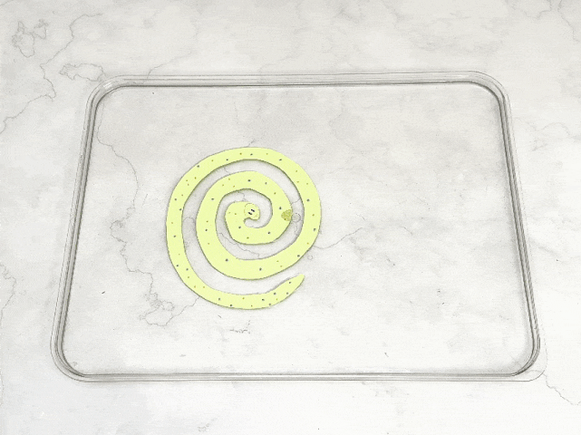 A light green spiral shape, resembling a coiled snake with a small, simple face at its center, is placed on a clear plastic tray. The tray rests on a marble surface. Water is poured onto the tray, causing the spiral snake to uncoil and seemingly come to life, moving slowly across the tray's surface. The video demonstrates a simple science experiment illustrating the principles of buoyancy and surface tension.