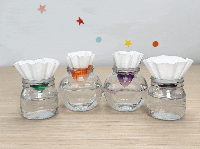 Four small, clear glass jars, each about half-filled with water, are arranged in a row on a light wooden surface. Each jar has a white coffee filter placed on top, acting as a wick. The filters have been colored with different marker inks at their centers: green, orange, purple, and pink. As time progresses, the water is drawn up into each filter by capillary action, spreading the ink outwards and creating a blooming effect. Small, colorful star and dot stickers decorate the wall behind the jars. This setup likely demonstrates the principles of chromatography or capillary action.