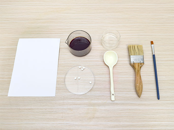Laid out on a light wood-grain table are several items arranged for an activity or experiment. These include a blank white sheet of paper, a clear measuring cup containing a dark liquid, a small, clear empty dish, a white plastic spoon, a paintbrush with a wooden handle and light bristles, a thin paintbrush with a dark blue handle, and a small clear dish with a few white tablets or pills. The setup suggests a science experiment, art project, or possibly a medical or pharmaceutical activity.
