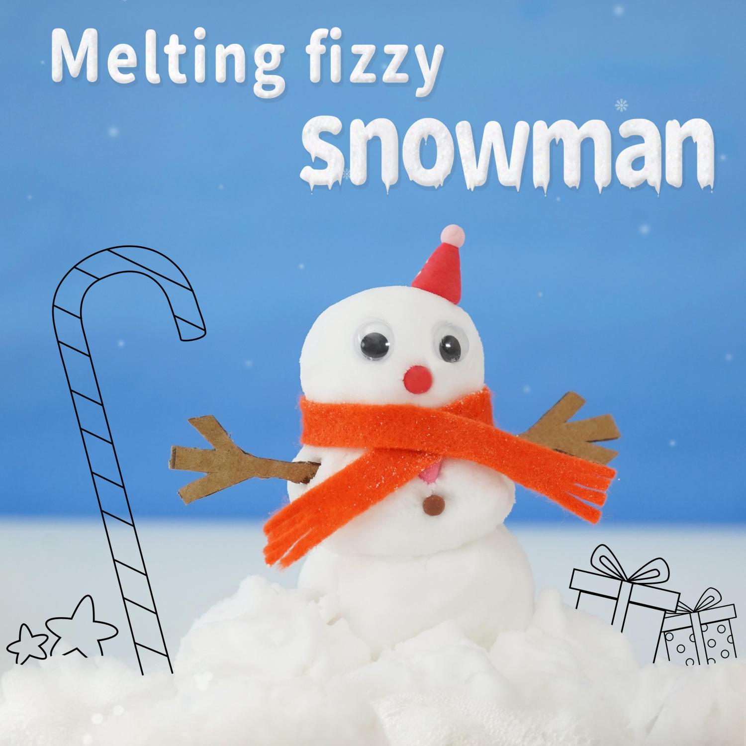 A charming illustration depicts a snowman crafted from what appears to be bicarbonate of soda, standing amidst a pile of the same material, suggesting a snowy base. He wears a small red hat and an orange scarf, with simple features drawn on. A candy cane and presents are sketched in the background. The words Melting fizzy snowman are prominently displayed at the top, indicating the nature of the accompanying experiment. The overall style is cheerful and festive, clearly advertising a fun, science-based activity suitable for children.