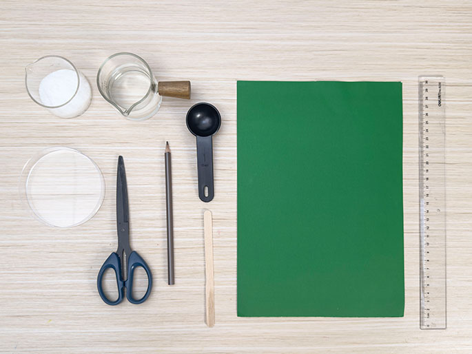 A sheet of green card, a clear plastic dish, a beaker of water, a beaker of white powder, a measuring spoon, scissors, a pencil, a wooden stick, and a ruler are arranged on a light wood-grain surface.