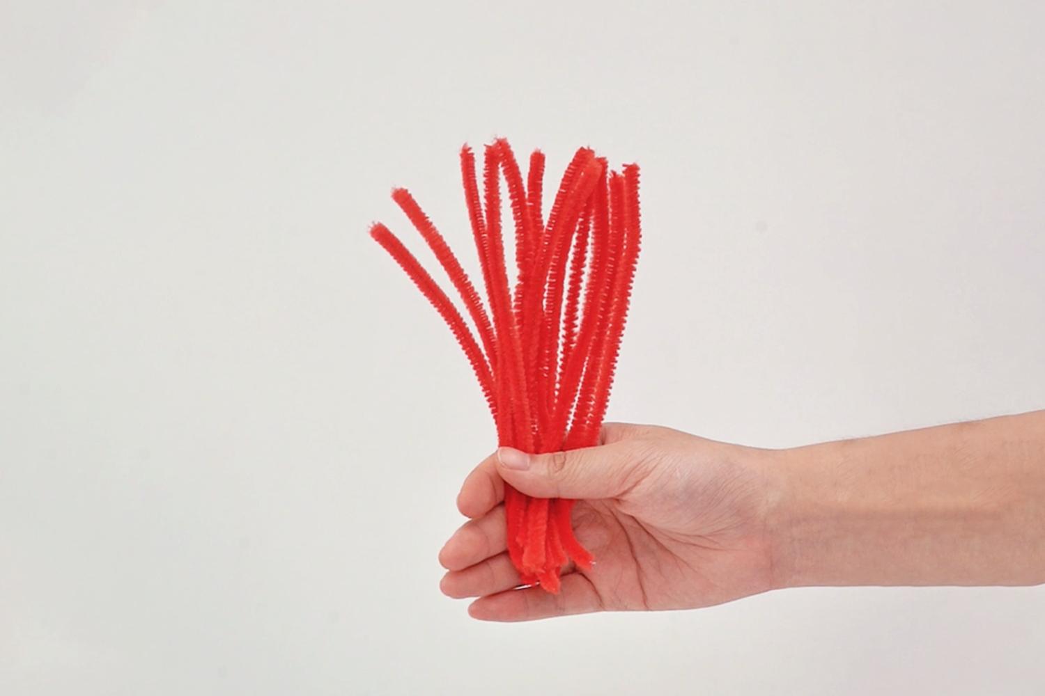 A hand holds a bunch of red pipe cleaners against a white background.