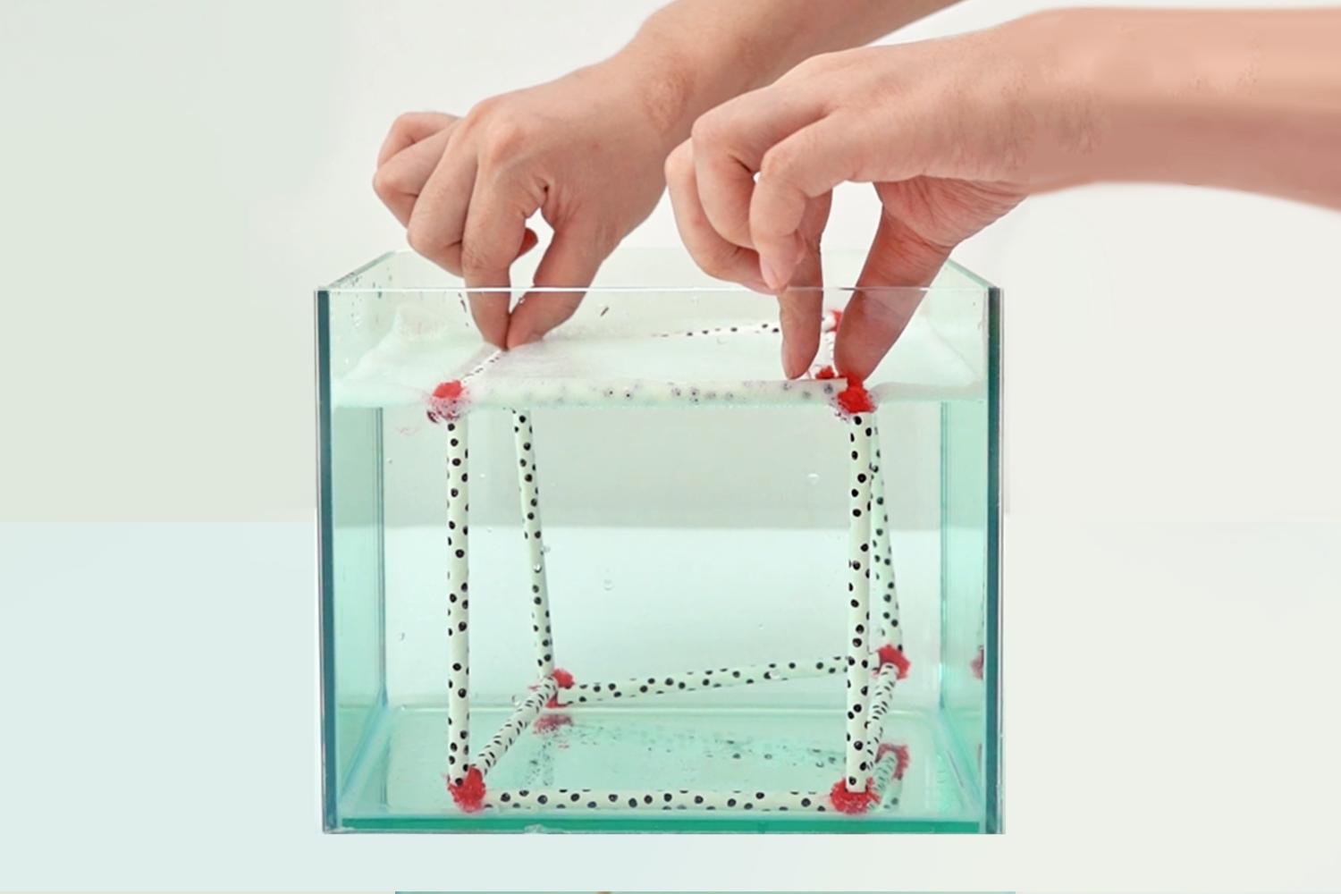 Two hands carefully submerge a cube-shaped framework made of polka-dotted straws into a container of soapy water.