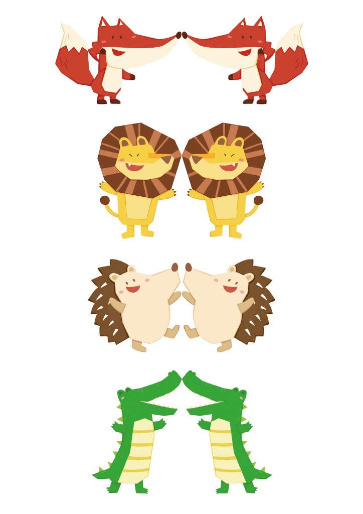 Four pairs of cheerfully illustrated animals – foxes, lions, hedgehogs, and crocodiles – face each other in a symmetrical arrangement against a plain white background.