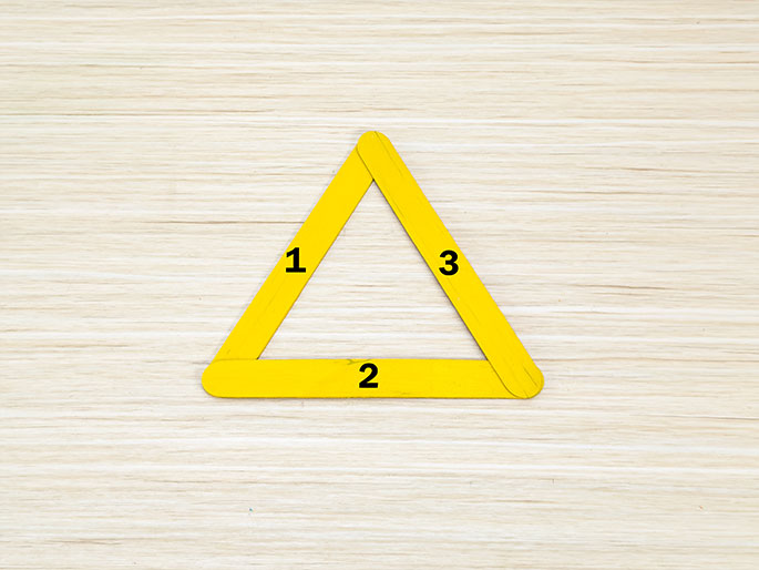 Three yellow craft sticks are arranged on a light wood-grain background to form an equilateral triangle. The sticks are numbered 1, 2, and 3, clockwise from the top left.