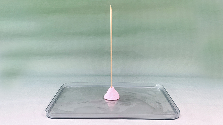 A wooden skewer stands upright, stuck into a small mound of pink modelling clay, which sits on a clear plastic tray against a pale green backdrop.