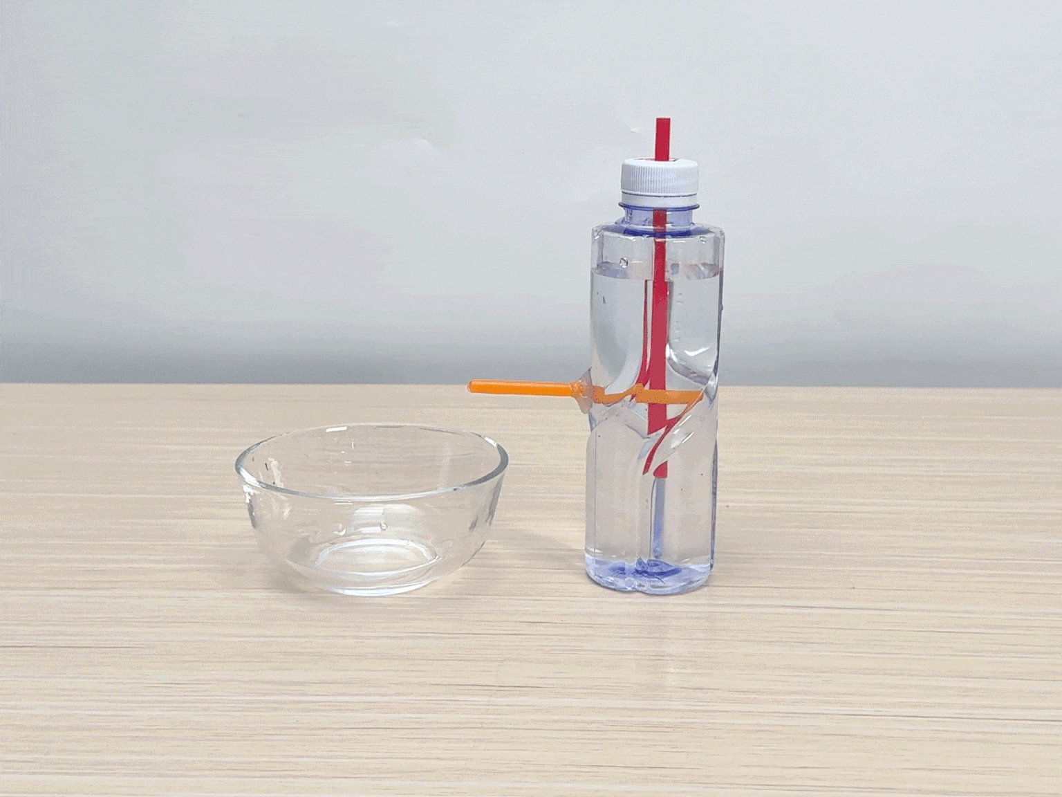 A clear plastic bottle, partially filled with water, stands on a light wooden table next to an empty clear glass bowl. A red drinking straw is inserted into the bottle's opening. An orange straw is inserted horizontally through the side of the bottle. A hand gently squeezes the bottle. Water flows out of the orange straw and into the bowl. The video demonstrates a simple science experiment, likely illustrating the principles of air pressure and siphoning.