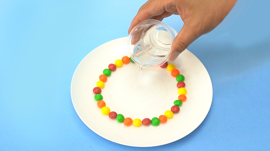 A hand carefully pours water from a small, clear plastic cup onto a white plate. Arranged around the edge of the plate is a circle of brightly coloured Skittles sweets. The water is being poured into the centre of the circle, where it will begin to dissolve the candy shells and allow the colours to diffuse. The plate rests on a light blue surface. The image depicts a step-by-step guide to a Skittles science experiment, focusing on the addition of water to initiate the colour separation process. The overall style is clear and instructional.