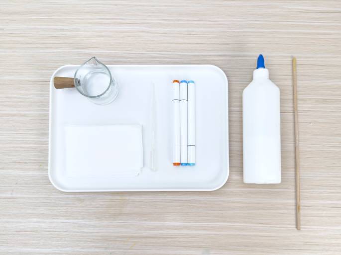 Arranged on a light wood-grain table are several items for a project or experiment. A white rectangular tray holds a small clear glass pitcher with a wooden handle containing clear liquid, a folded piece of white paper or cloth, two markers with orange and light blue caps, and a clear pipette or dropper. Next to the tray, a white bottle with a blue cap (likely glue) and a long thin wooden stick are placed, suggesting they will be used in conjunction with the items on the tray.