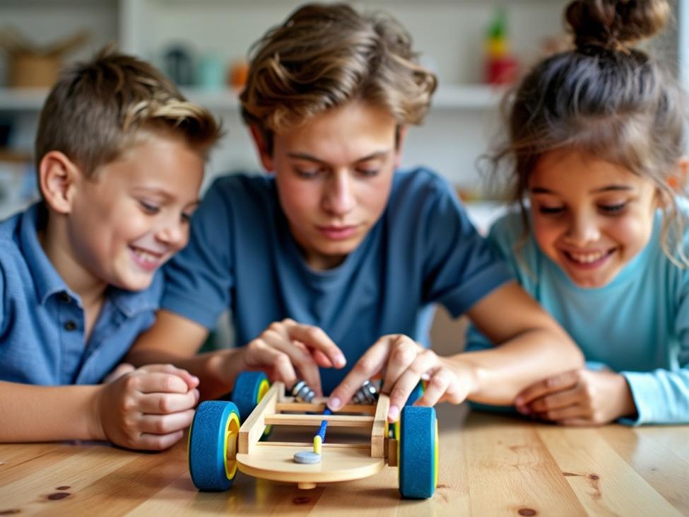 Three children, two boys and a girl, collaborate intently on assembling a small wooden toy car, showcasing teamwork and engagement in a hands-on building activity.