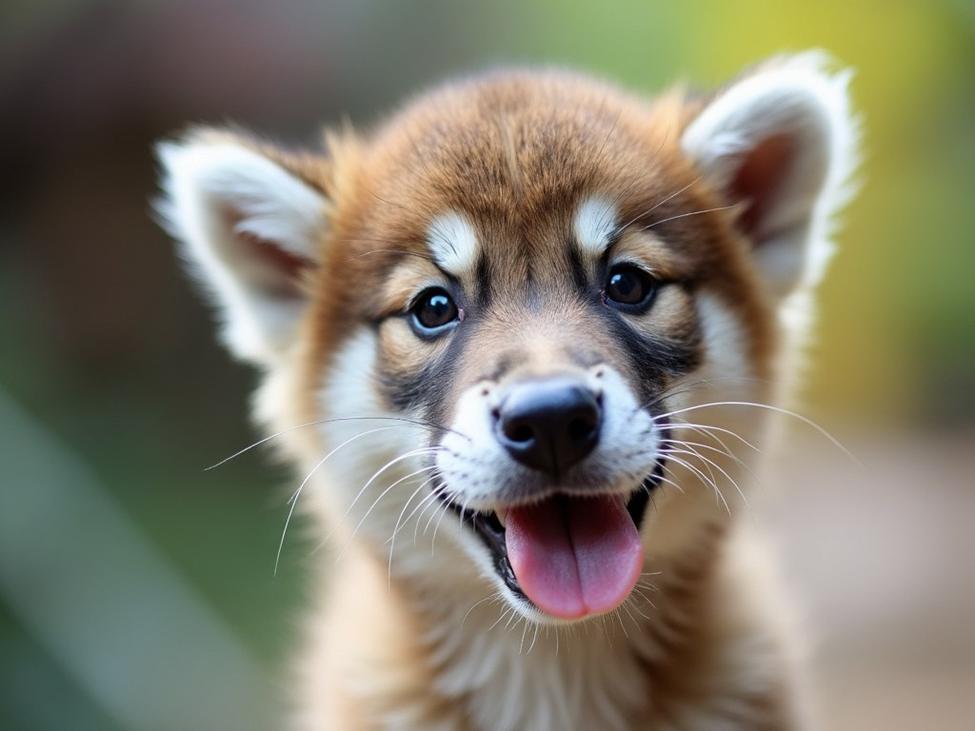 A close-up shot of an adorable, fluffy puppy, its tongue playfully out, showcasing its endearing features and cheerful expression against a softly blurred background.