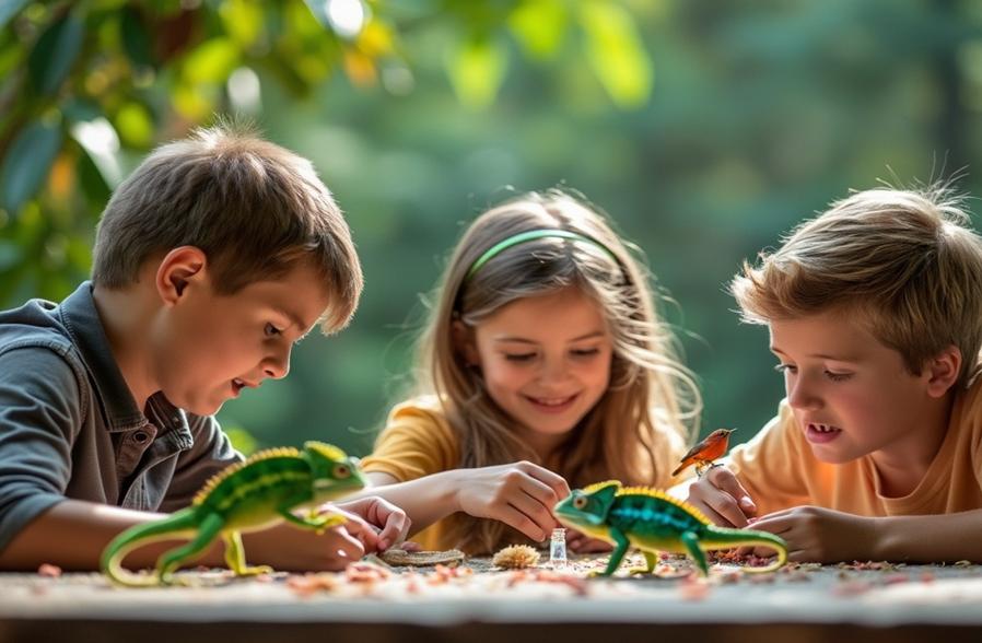 Three children, two boys and a girl, are engrossed in observing and interacting with model chameleons and a small bird, demonstrating curiosity and engagement in a nature-based learning activity.