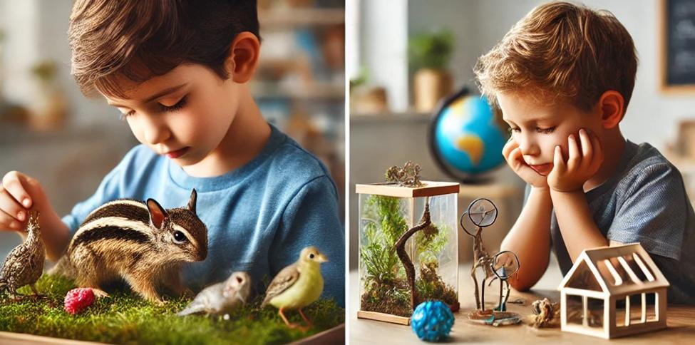 A diptych image shows two young boys engaging in different nature-related activities; one interacts with small animal figurines and a chipmunk on a miniature landscape, while the other contemplates a terrarium and a model greenhouse, illustrating diverse approaches to exploring nature.