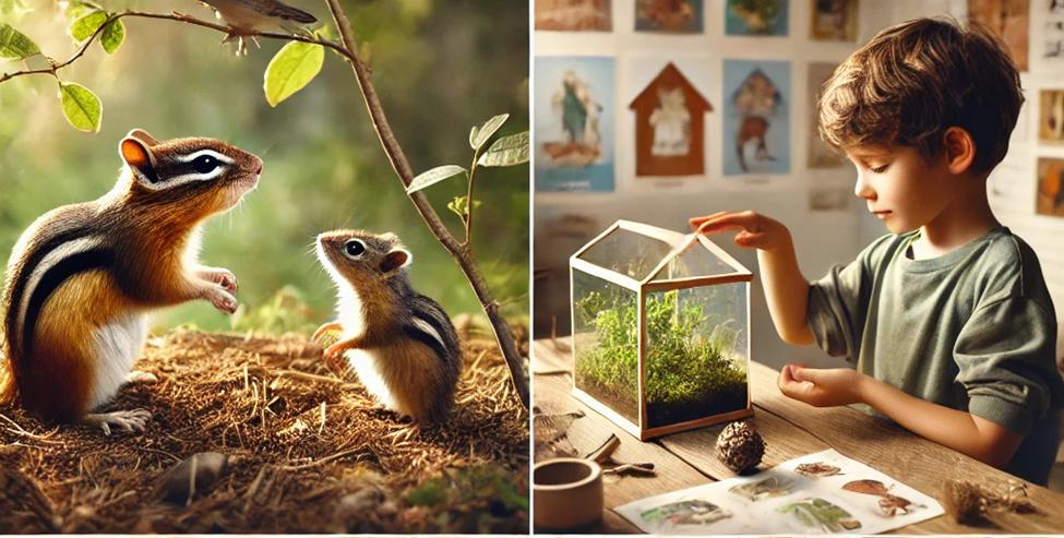 A diptych showcasing two young boys engaged in nature-based activities: one observes chipmunks in their natural habitat, while the other carefully tends to a miniature terrarium, illustrating different aspects of nature exploration.