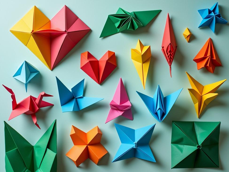 A vibrant collection of colourful origami creations, showcasing a variety of shapes and forms, including hearts, birds, stars, and geometric designs, all artfully arranged on a pale blue background.