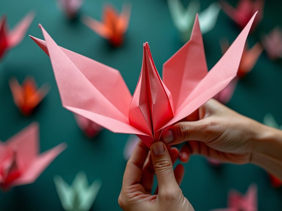 A pair of hands delicately shapes a vibrant coral origami flower, its intricate folds becoming visible as the petals are carefully manipulated, set against a backdrop of numerous other folded paper creations in various colours.