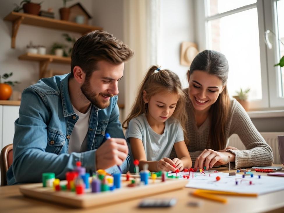 A happy family – a mother, father, and young daughter – are engrossed in a collaborative building activity at their kitchen table, showcasing joyful family bonding and shared learning through play.