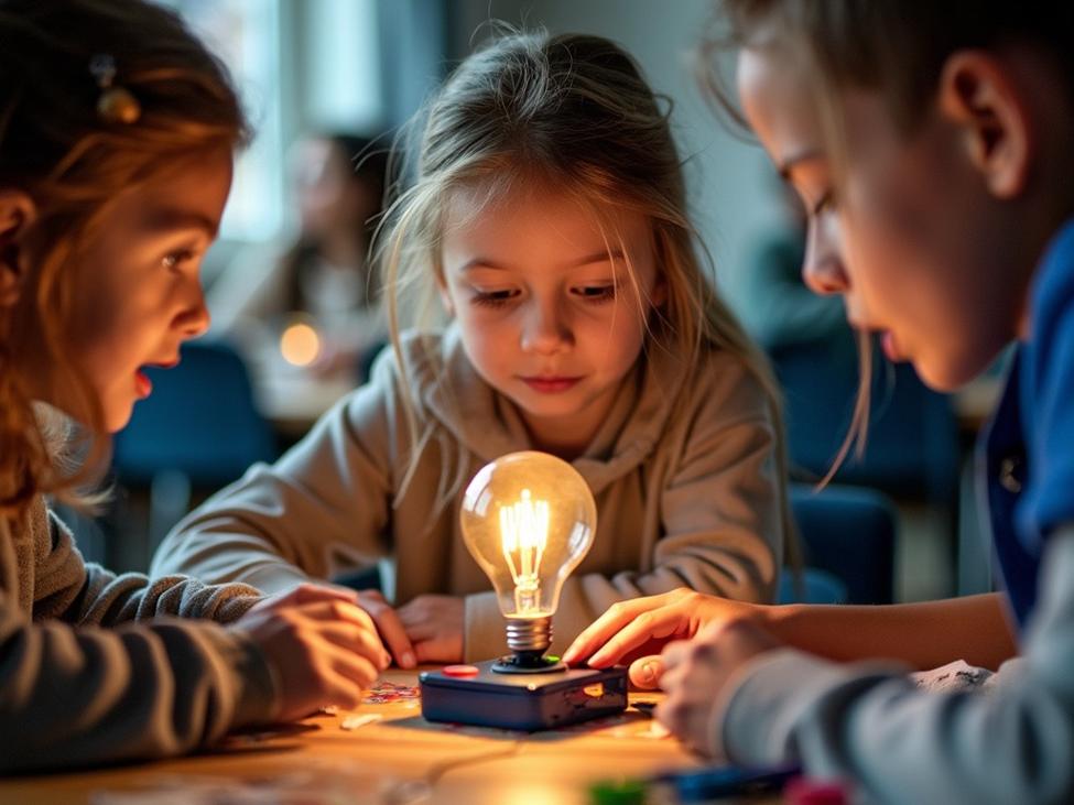 Three young children, two girls and a boy, are captivated by a glowing lightbulb, likely part of a science experiment, demonstrating collaborative learning and curiosity about electricity.