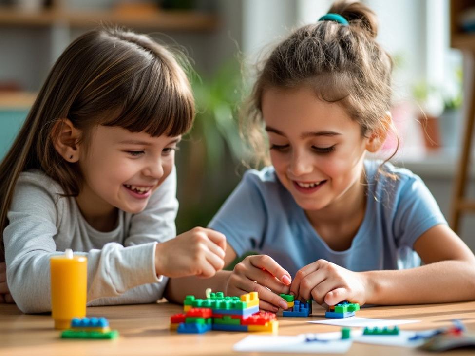 Two young girls, happily engaged, play together with colourful building blocks at a table.