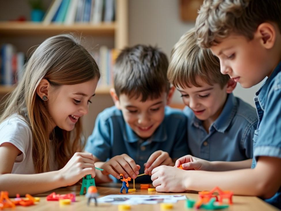 Three children, a girl and two boys, lean in with smiles as they engage in a collaborative construction activity using small, colourful toys and tools at a table.