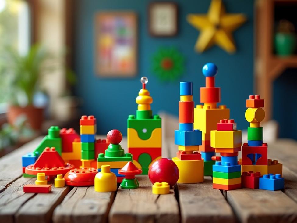 A collection of brightly coloured building blocks, assembled into various shapes and structures, sits on a rustic wooden table or surface.