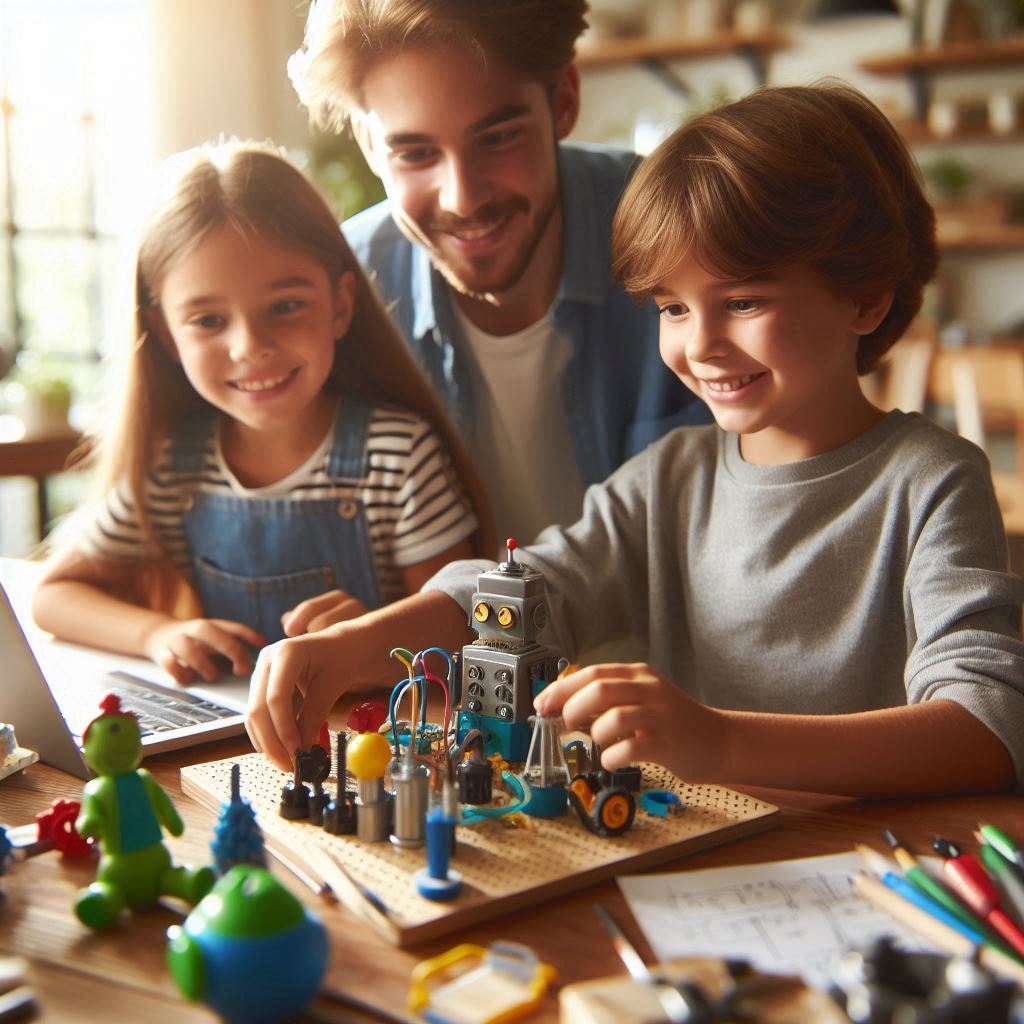 Children engaged in learning, happy and concentrating, with a parent supporting nearby