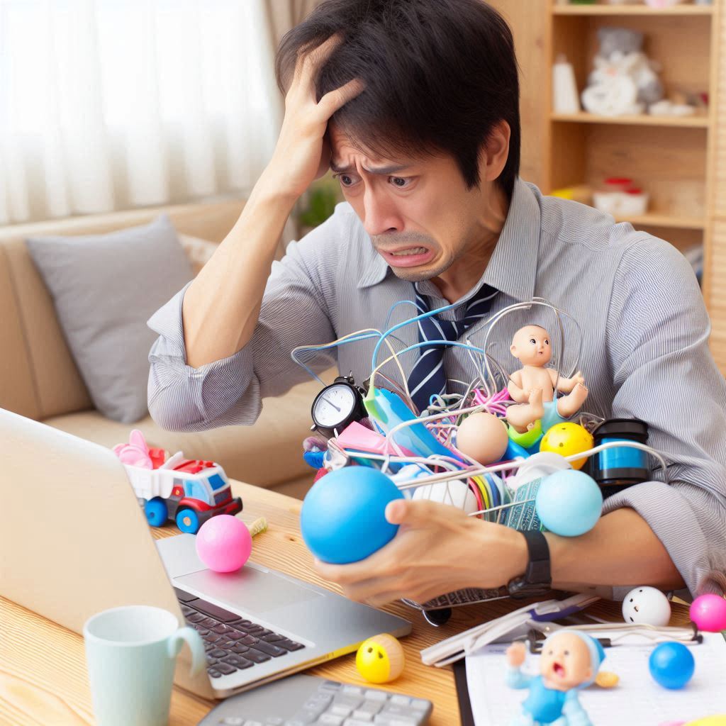 Stressed looking dad juggling a lot of objects and tasks