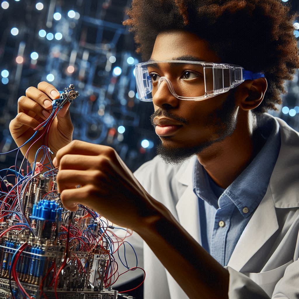 A scientist focused on assembling an electronic STEM project, showcasing hands-on learning and innovation.