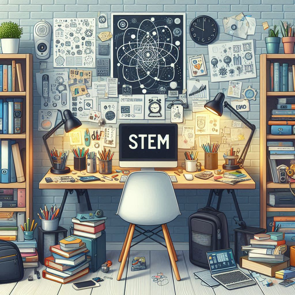 Illustration of a cozy, well-equipped STEM student workspace. The image shows a desk covered in books, notebooks, pens, a laptop, and other tools of the trade, reflecting the dedication and passion of a young STEM enthusiast. The space has a warm, inviting atmosphere, with lamps, potted plants, and personal mementos creating a comfortable, productive environment for scientific study and research.