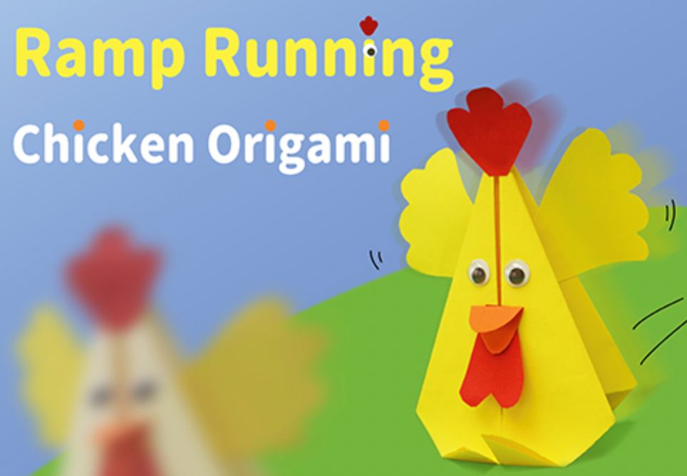 An origami chicken, crafted from bright yellow paper, is the focal point of the image. It has a red comb and wattle, googly eyes, and small orange beak. Its wings are slightly outspread, and two black lines trailing behind it suggest movement. A blurred image of a similar origami chicken is in the background to the left. The words Ramp Running and Chicken Origami are displayed above the chicken in yellow and white text, respectively, against a light blue backdrop. A green, slightly hilly landscape is visible below the chicken.