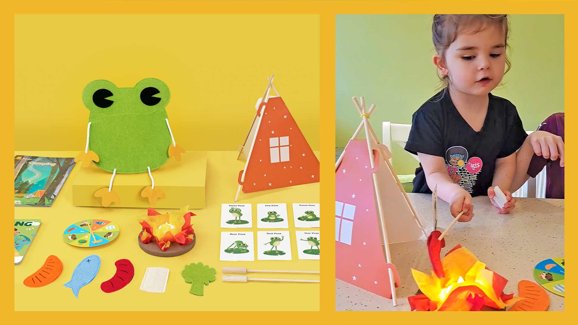 A composite image shows a playset with a felt frog, a toy teepee, a campfire, felt food, a spinner, frog pose cards, and a child pretending to toast a felt sausage over a pretend campfire.