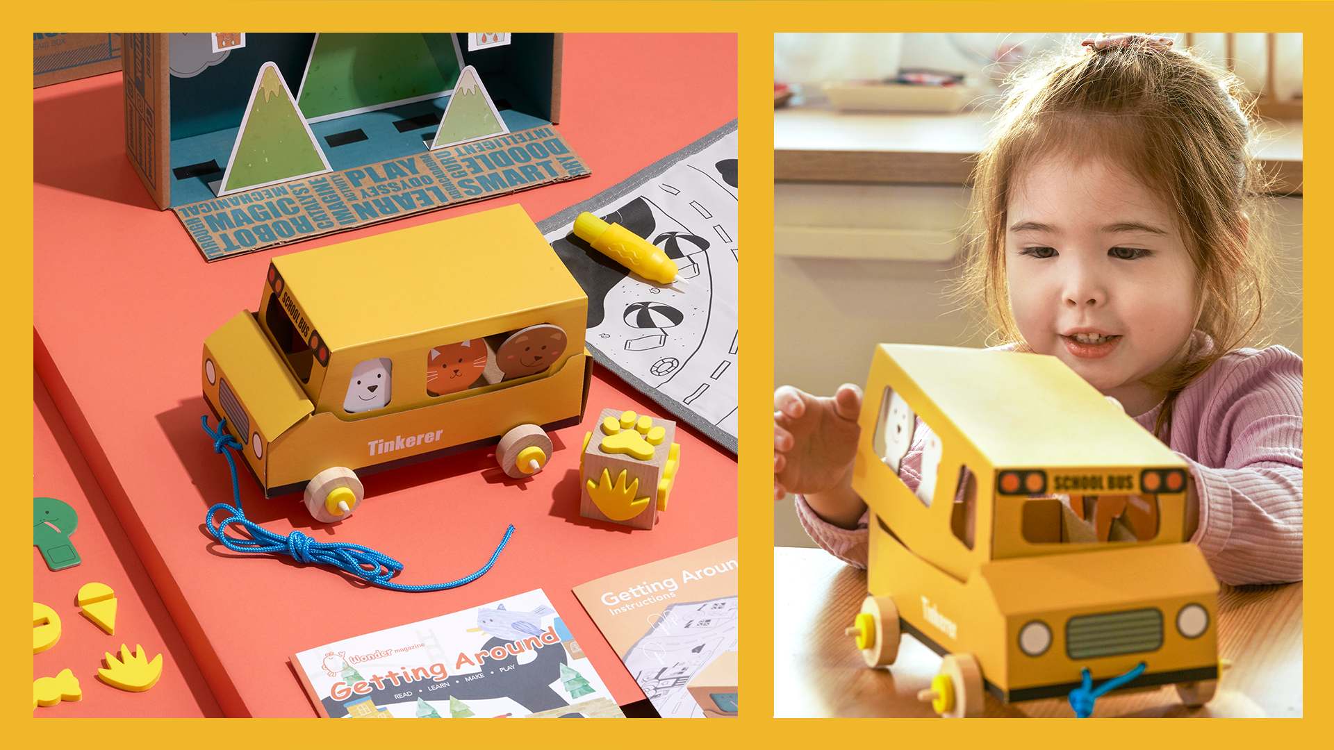 Crikey, look at that little one, all set for a right jolly journey on their cardboard school bus! What a smashing toy!