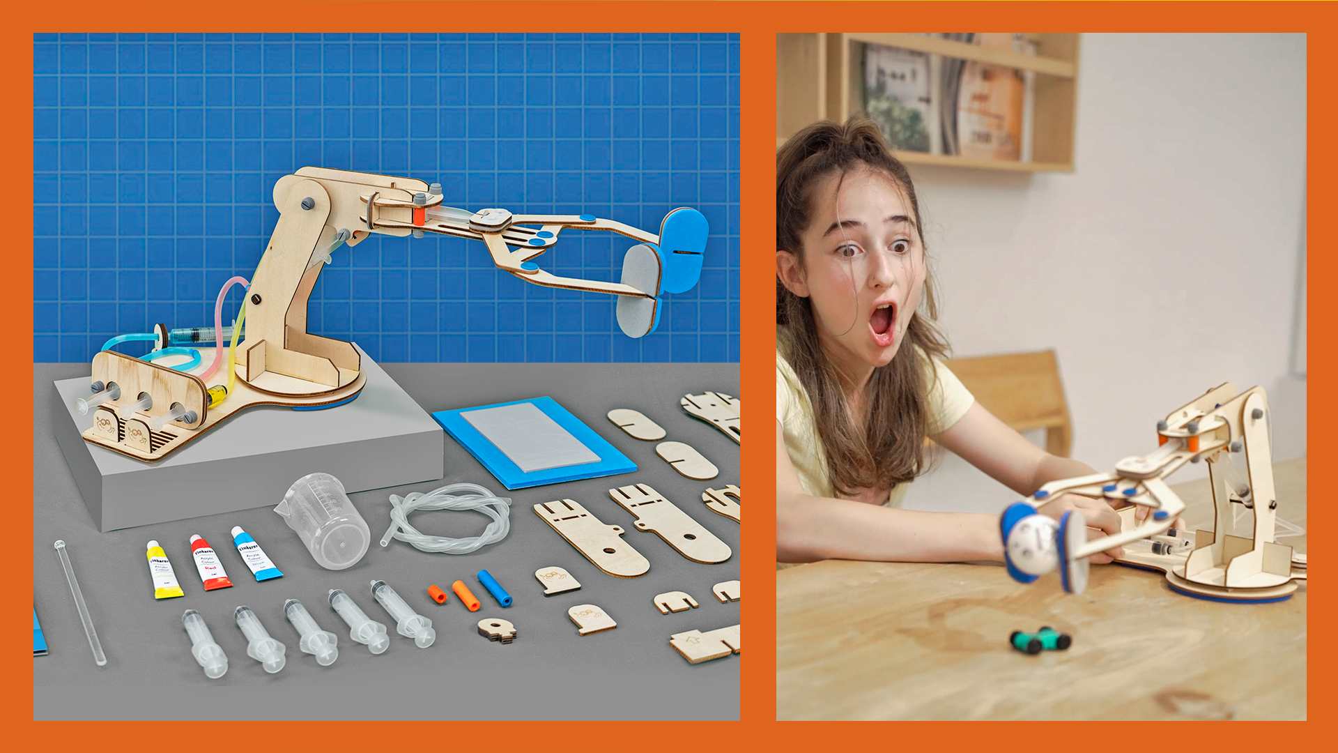 A composite image shows a hydraulic robot arm kit, made of wood and plastic, with syringes, tubes, and coloured liquids, alongside a surprised girl operating the assembled robot arm as it picks up a small ball.