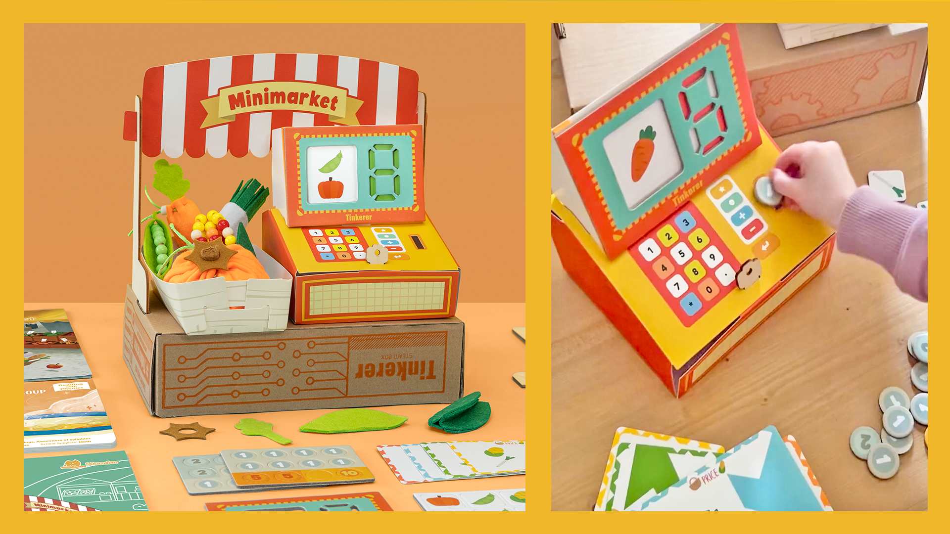 A composite image shows a cardboard minimarket playset, including a stall, till, play money, price cards, felt food, and game cards, with a close-up of a child's hand using the till.