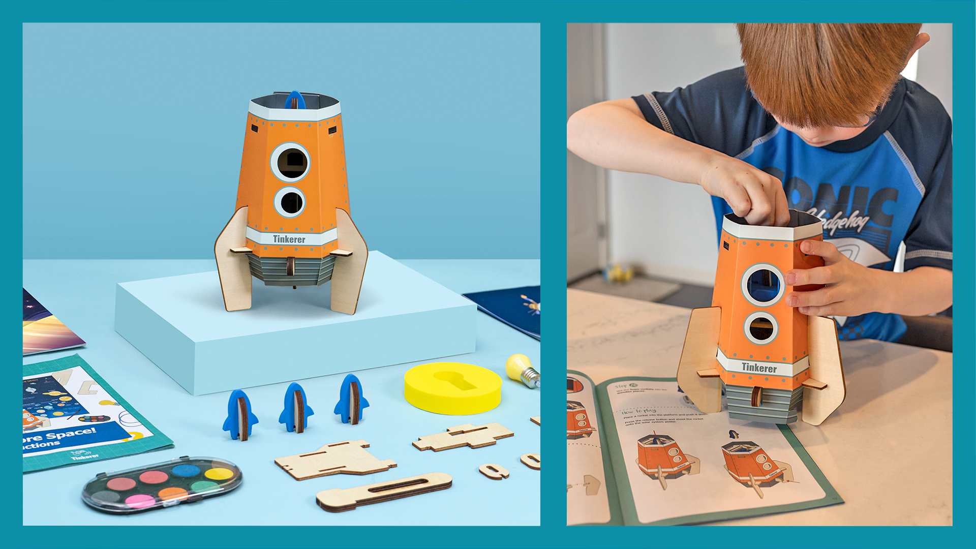 A composite image shows a cardboard rocket ship construction kit, with wooden and cardboard pieces, paints, a lightbulb, and instructions, alongside a child assembling the orange and wood rocket.