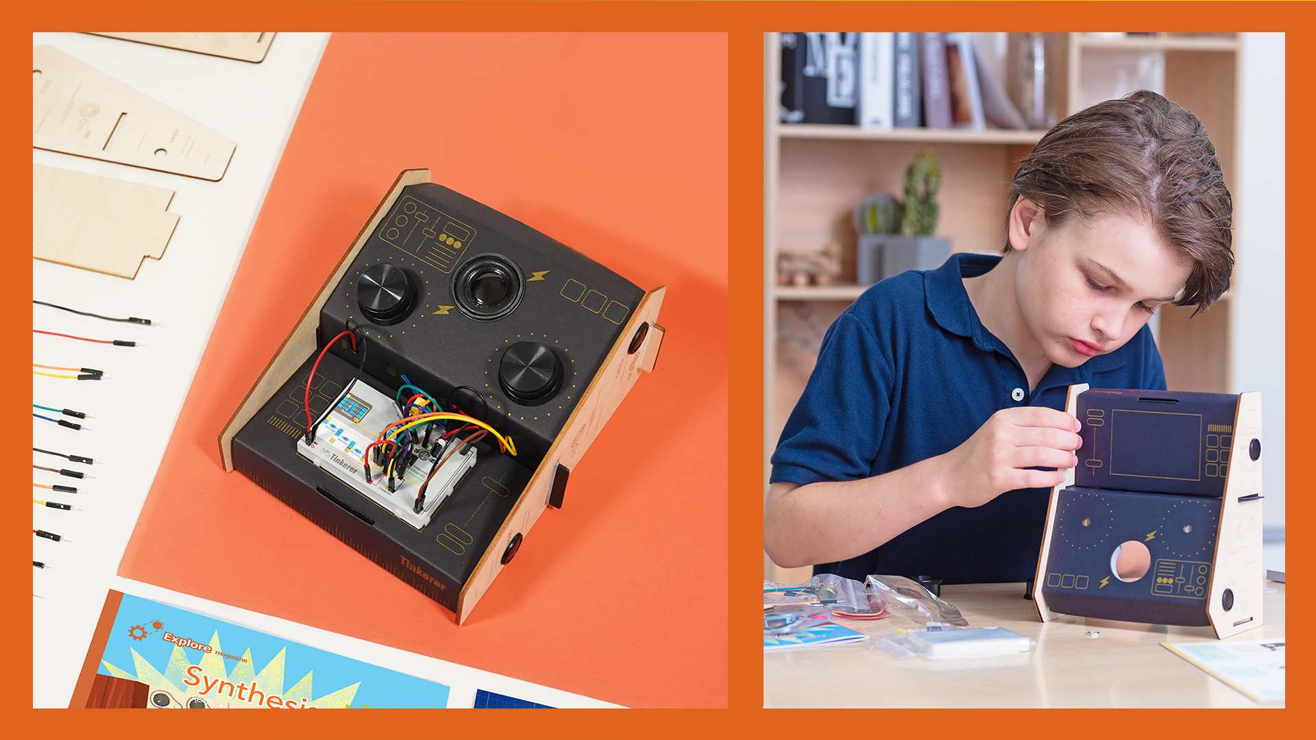 A composite image shows a synthesizer kit, with electronic components, wires, a speaker, and wooden structural pieces, alongside a boy assembling the cardboard and wood casing of the synthesizer.