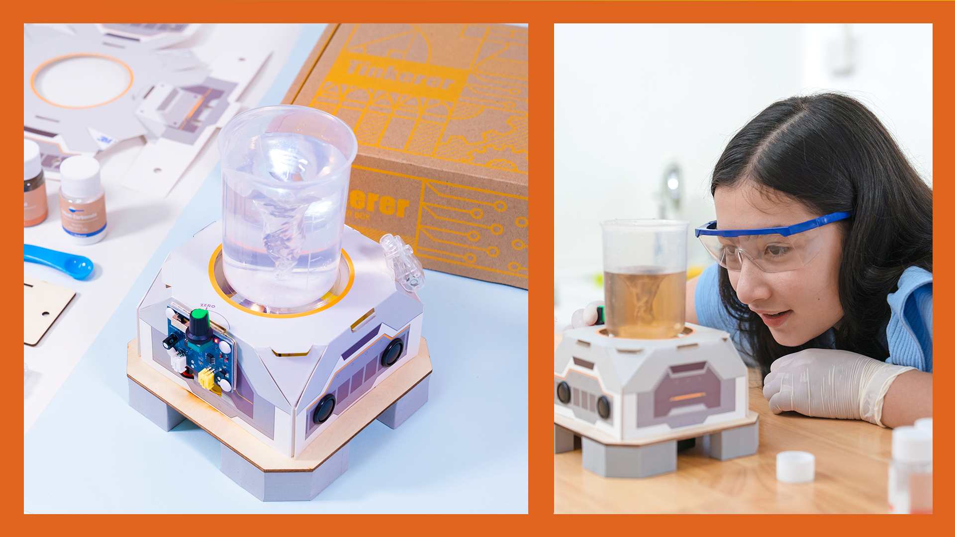 A composite image shows a tornado simulator kit, including a motorised base, a clear plastic beaker with a small vortex inside, various bottles and tools, and a girl wearing safety goggles observing a coloured liquid swirling in the beaker on the assembled device.