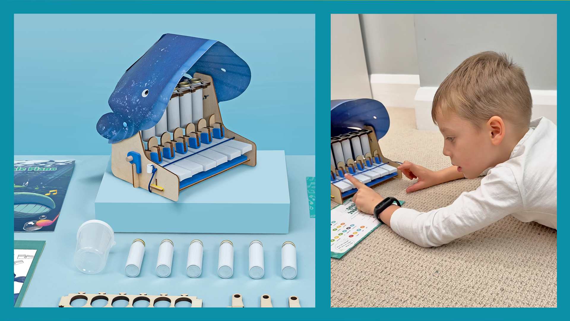 A composite image shows a build-your-own whale-shaped piano kit, including wooden and cardboard parts, small containers, and an instruction booklet, alongside a child playing the assembled piano.