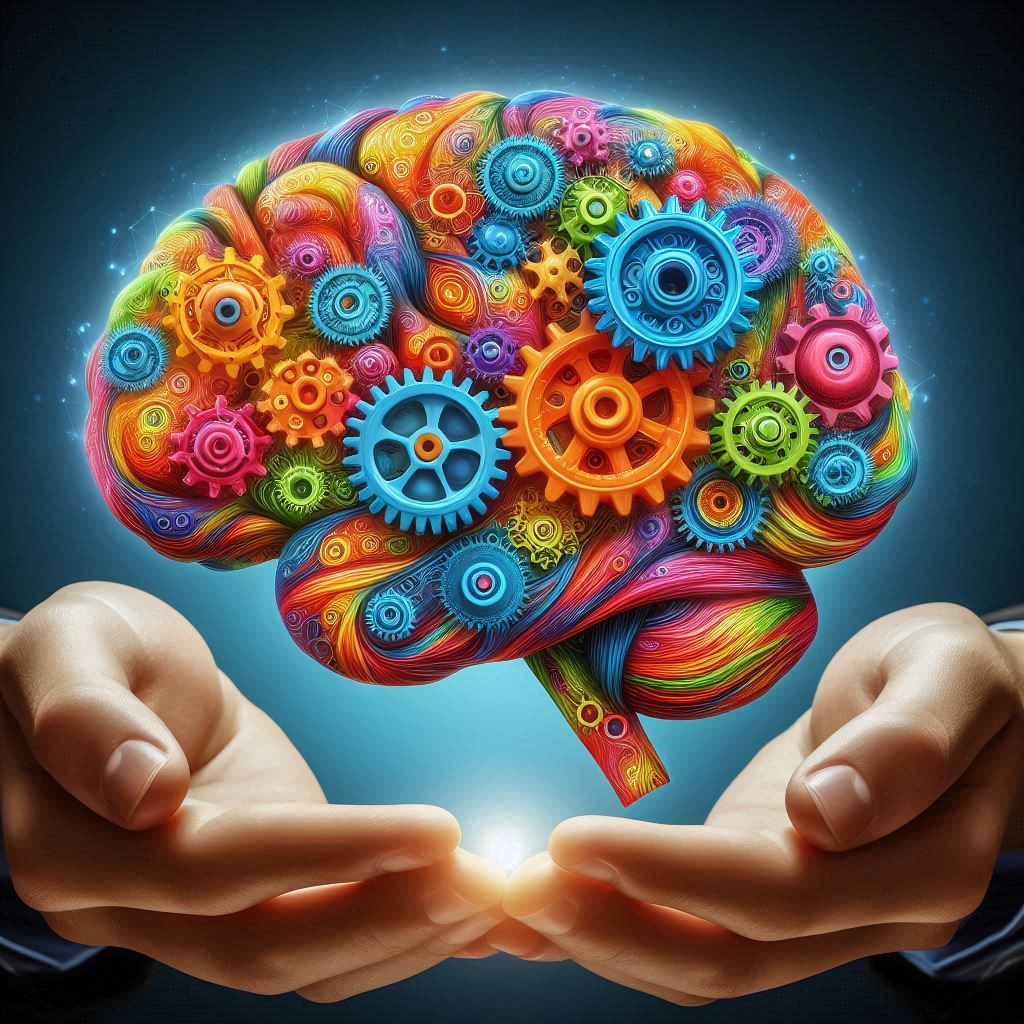 Two hands gently cradle a human brain, which instead of the usual folds and structures, contains brightly colored mechanical gears and cogs. This symbolizes the unique cognitive processing and innovative potential of neurodiverse minds. The image illustrates how the brain of a neurodivergent individual can function as a well-oiled machine of creativity, critical thinking, and problem-solving abilities—an ideal foundation for excelling in STEM fields when nurtured and supported through inclusive educational practices.