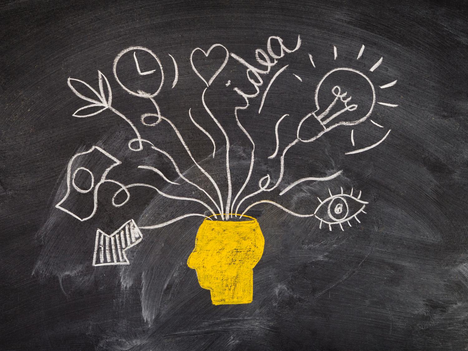 A conceptual chalk drawing on a blackboard features a yellow silhouette of a human head. Emerging from the top of the head are various white chalk drawings representing different ideas and concepts. These include a lit lightbulb, the word idea in cursive, a clock, a heart, a money bag, an open book, a sprouting plant, and an eye.